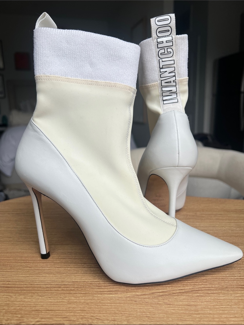 Jimmy Choo White and Cream Pointed Stiletto Sock Boots